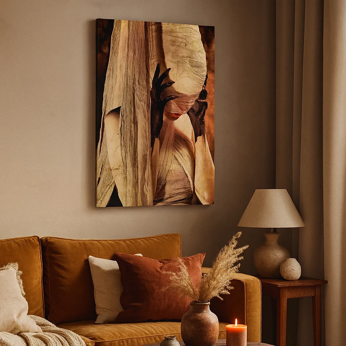 Cuadro sobre lienzo - Impresión de Imagen - Una mujer con velo y un estilo misterioso sobre un fondo oscuro. - 50x70cm - Entre el bien y el mal - Decoración de pared moderna para salón y dormitorio ARTTOR