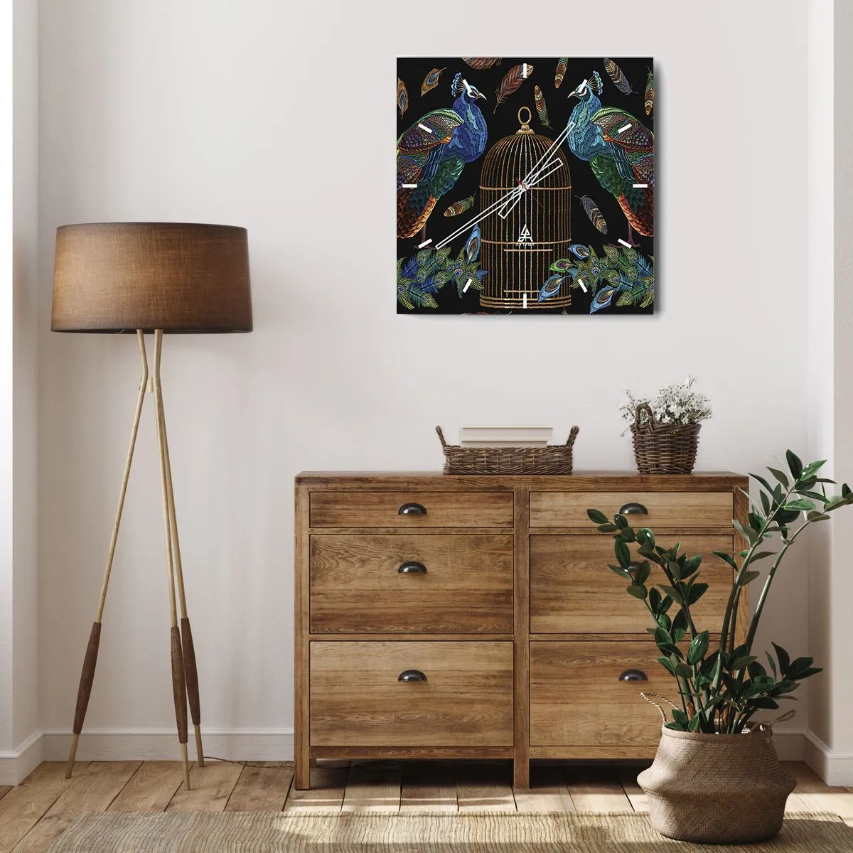 Reloj de pared - Reloj de vidrio - Con plumajes reales - 30x30 cm