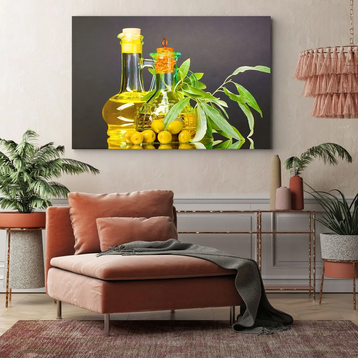 Cuadro sobre lienzo - Impresión de Imagen - Botellas de aceite de oliva y ramas de olivo - 70x50cm - Bodegón con aceitunas y aceite - Decoración de pared moderna para salón y dormitorio ARTTOR