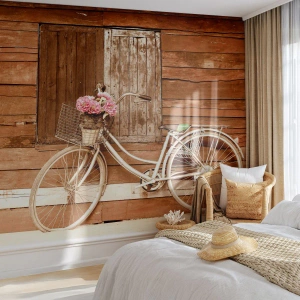 Fotomural Standard Eco - Una bicicleta retro con una cesta de flores contra una pared de madera. - 100x70cm - Ahora mismo vuelvo - Decoración de pared moderna para salón y dormitorio ARTTOR