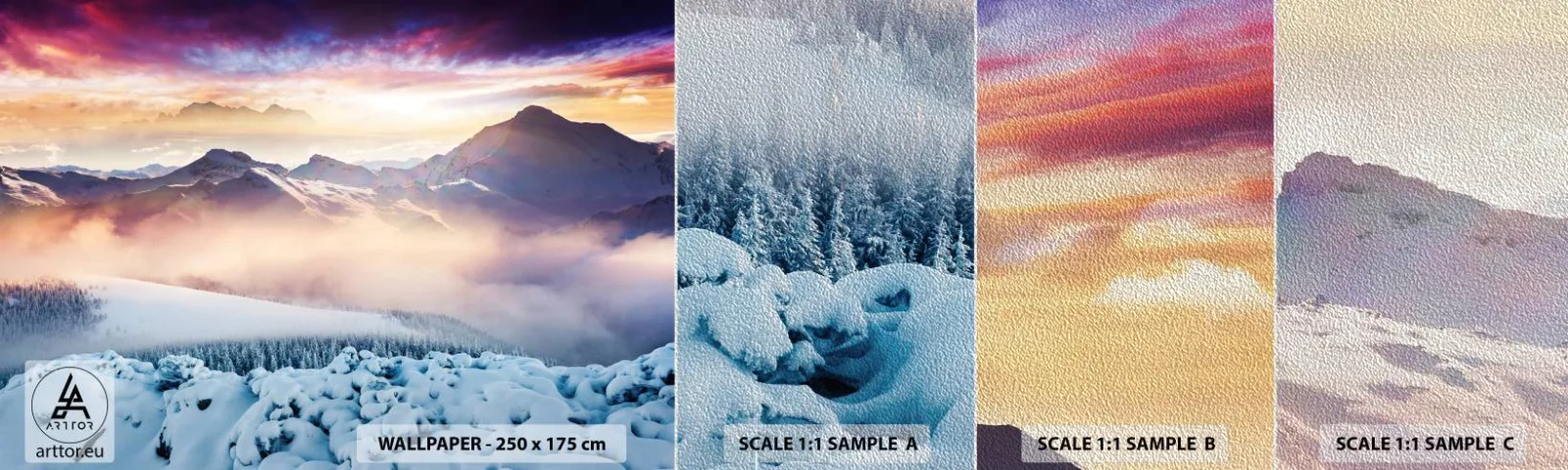 Muestra de fotomural Premium Sand - La fuerza y la pureza de la naturaleza - Paisaje, Montañas, Invierno - 100x30 cm