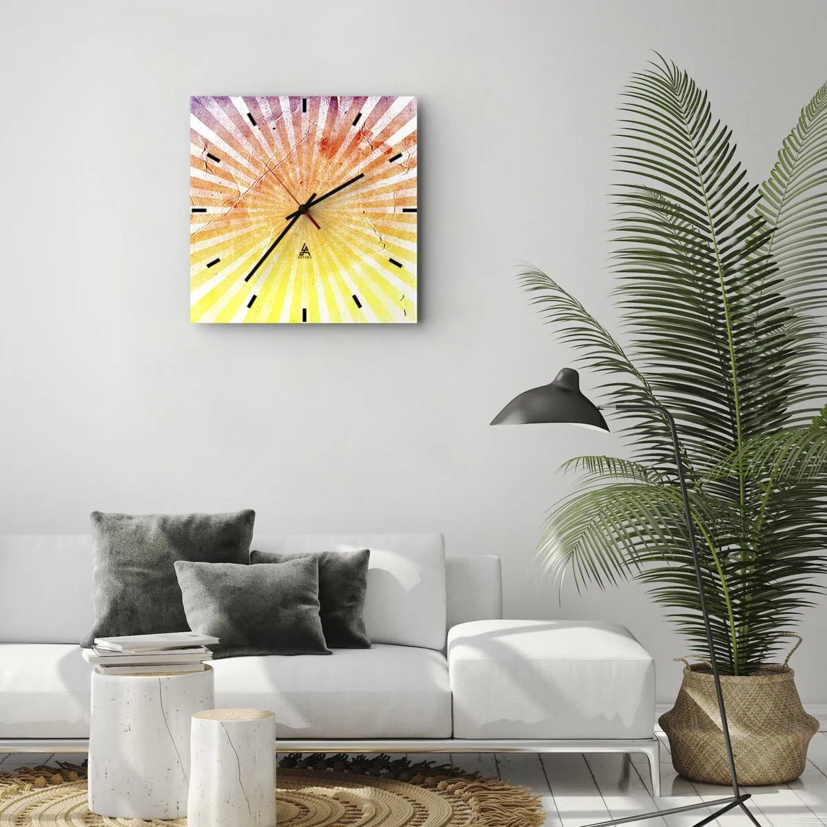 Reloj de pared - Reloj de vidrio - Rayos de sol en tonos naranja y amarillo. - 30x30cm - Renacer del sol - Decoración de pared moderna para salón y dormitorio ARTTOR
