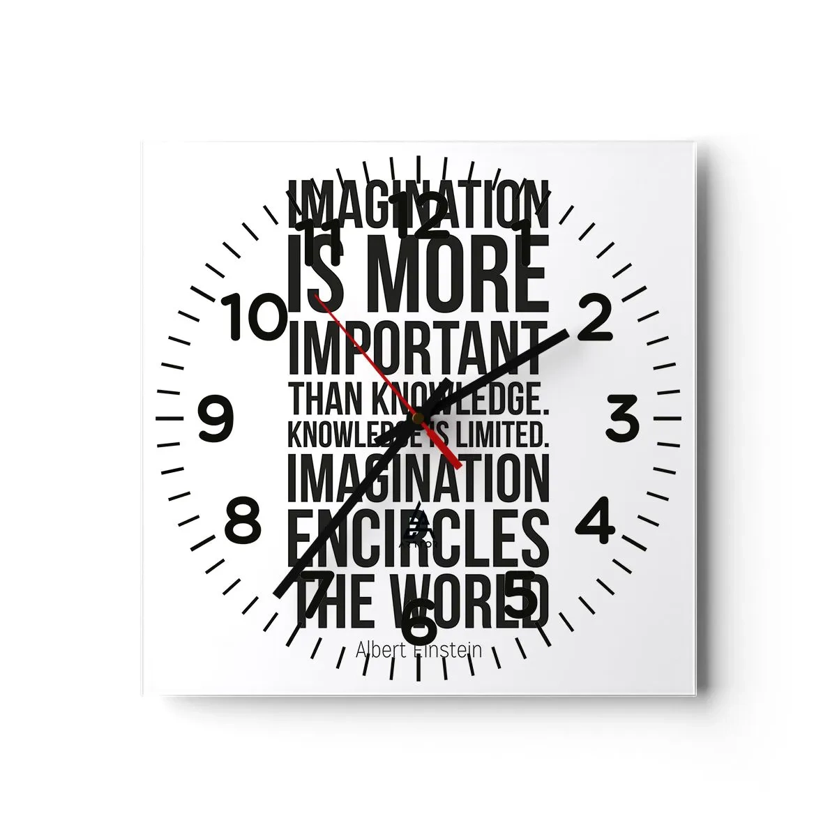 Reloj de pared - Reloj de vidrio - Einstein, sobre el poder de la imaginación - 40x40 cm