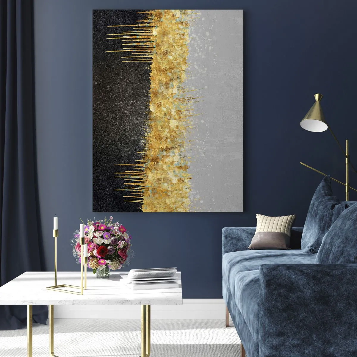 Cuadro sobre vidrio - Impresiones sobre Vidrio - Abstracción dorada con contraste negro y gris. - 50x70cm - Hacia arriba y hacia abajo - Decoración de pared moderna para salón y dormitorio ARTTOR