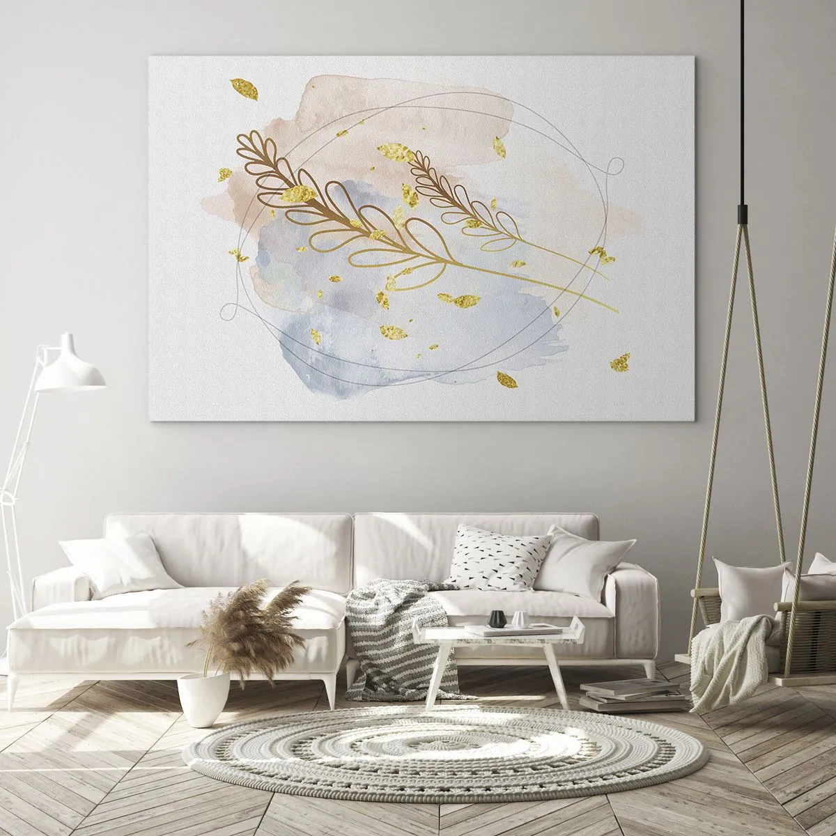 Cuadro sobre vidrio - Impresiones sobre Vidrio - Una delicada composición con ramitas y hojas doradas en acuarela. - 70x50cm - Ráfaga dorada - Decoración de pared moderna para salón y dormitorio ARTTOR