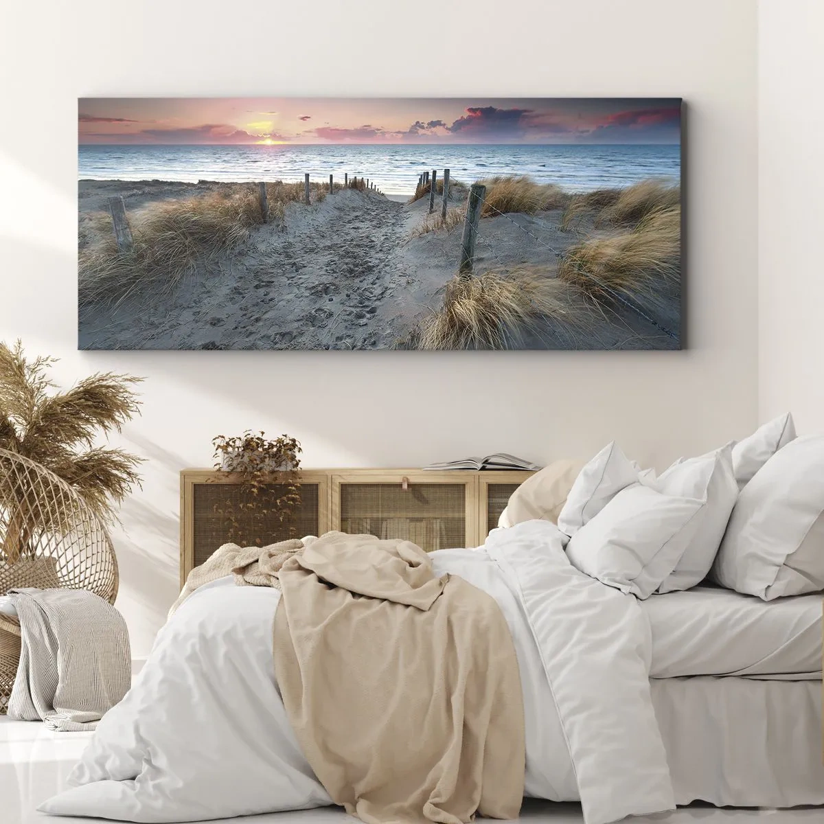 Cuadro sobre lienzo - Impresión de Imagen - Camino que conduce a la playa al atardecer - 160x50cm - Se derramó un arco iris de luminosidad.... - Decoración de pared moderna para salón y dormitorio ARTTOR