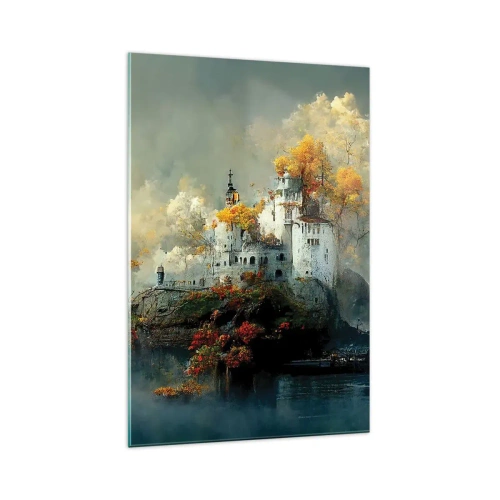 Cuadro sobre vidrio - Impresiones sobre Vidrio - Un castillo en una colina rodeado de árboles otoñales. - 70x100cm - El comienzo de una historia romántica - Decoración de pared moderna para salón y dormitorio ARTTOR