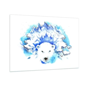 Cuadro sobre vidrio - Impresiones sobre Vidrio - Un oso polar con un telón de fondo de montañas heladas en tonos azules. - 100x70cm - El rey del Ártico con una corona de hielo - Decoración de pared moderna para salón y dormitorio ARTTOR