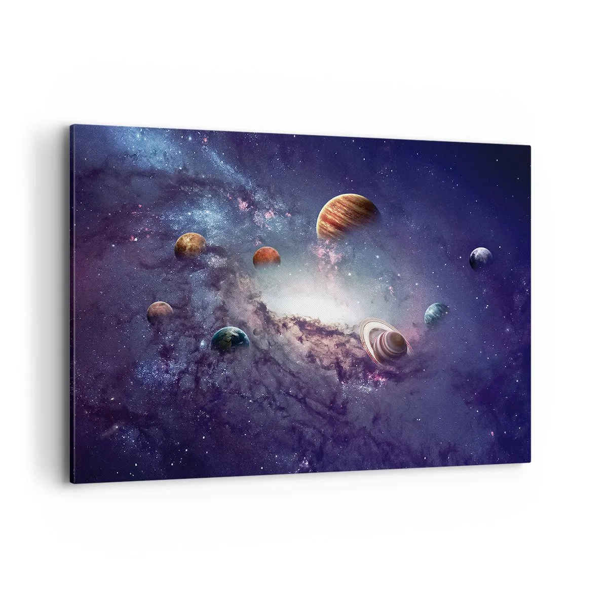 Cuadro sobre lienzo - Impresión de Imagen - Planetas en una galaxia con una nebulosa al fondo - 100x70cm - La danza alrededor del Sol - Decoración de pared moderna para salón y dormitorio ARTTOR