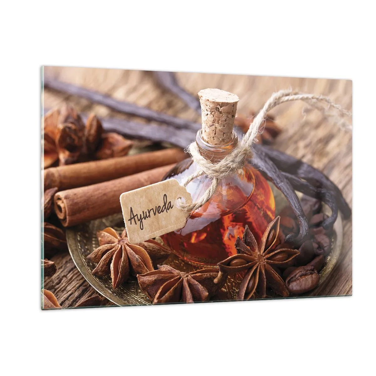 Cuadro sobre vidrio - Impresiones sobre Vidrio - Botella de aceite y especias de estilo ayurvédico - 120x80cm - Hacia la unidad del cuerpo y el espíritu - Decoración de pared moderna para salón y dormitorio ARTTOR