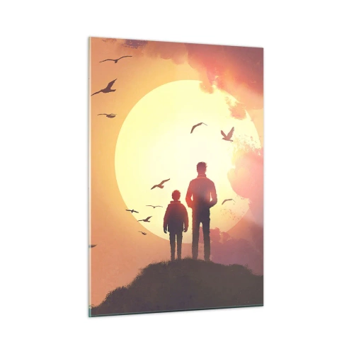 Cuadro sobre vidrio - Impresiones sobre Vidrio - Figuras de un padre y un hijo de pie contra el fondo del sol poniente y pájaros volando. - 50x70cm - Cara a cara con el sol - Decoración de pared moderna para salón y dormitorio ARTTOR
