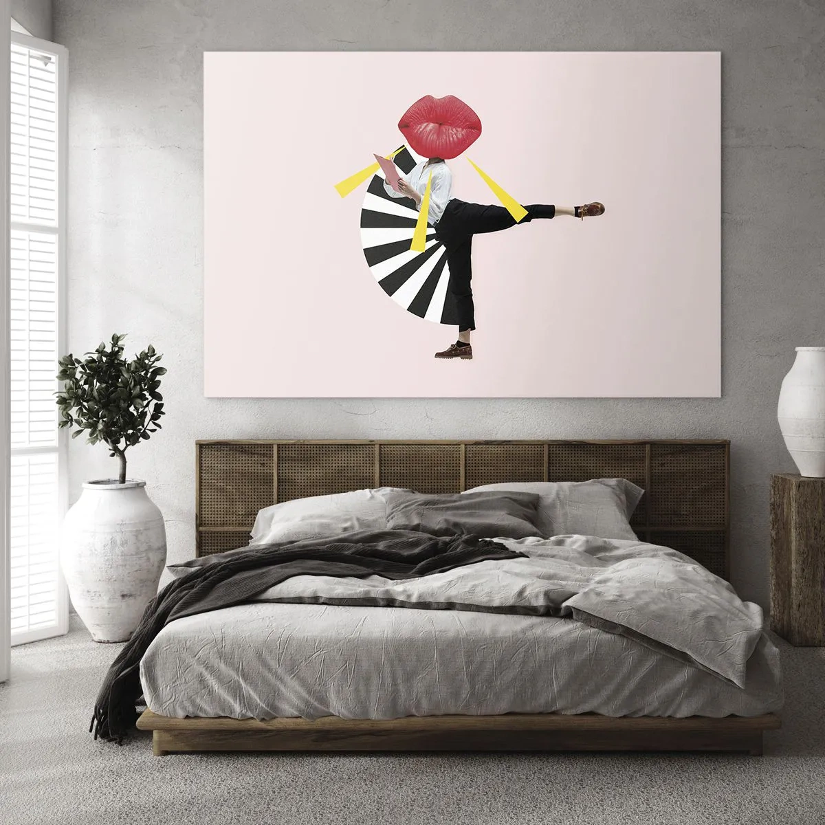 Cuadro sobre vidrio - Impresiones sobre Vidrio - Una composición de arte pop surrealista que presenta un personaje con una boca grande sobre un fondo rosa. - 120x80cm - Arte pop surrealista - Decoración de pared moderna para salón y dormitorio ARTTOR