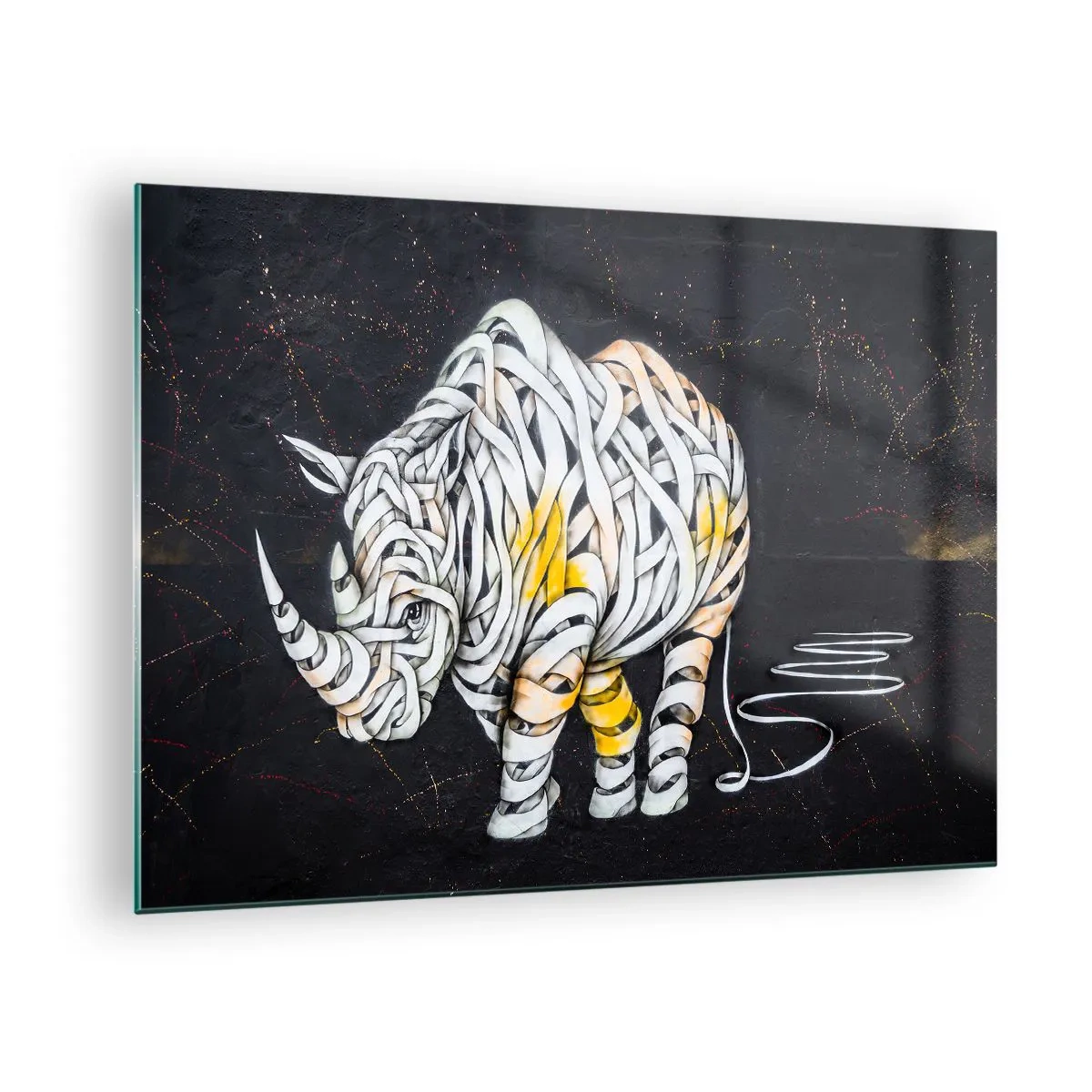 Cuadro sobre vidrio - Impresiones sobre Vidrio - Dibujo abstracto de un rinoceronte en forma de rayas. - 70x50cm - El mito de la momia rinoceronte - Decoración de pared moderna para salón y dormitorio ARTTOR