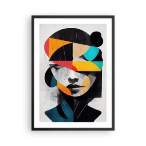 Póster en marco negro - Retrato interior, retrato abstracto estilizado multicolor de una mujer. - 50x70cm - Retrato interior multicolor - Decoración de pared moderna para salón y dormitorio ARTTOR