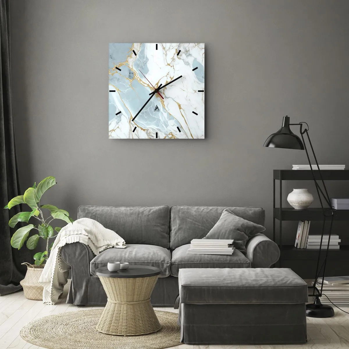 Reloj de pared - Reloj de vidrio - Patrones de mármol azul y blanco con vetas doradas añadidas. - 30x30cm - Riqueza en la piedra - Decoración de pared moderna para salón y dormitorio ARTTOR
