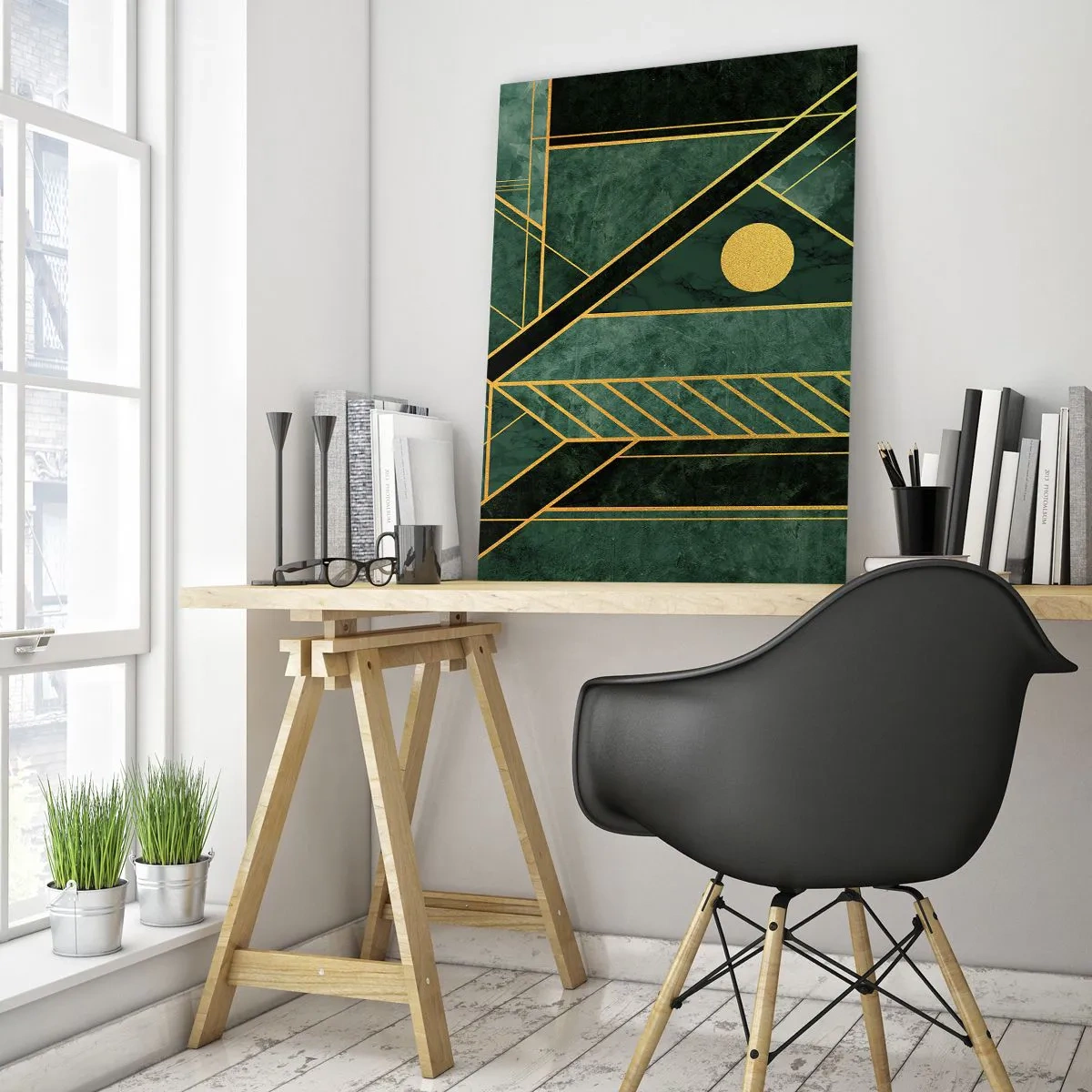 Cuadro sobre vidrio - Impresiones sobre Vidrio - Abstracción geométrica verde y dorada en estilo Art Déco - 50x70cm - La dinámica del oro y el azul - Decoración de pared moderna para salón y dormitorio ARTTOR