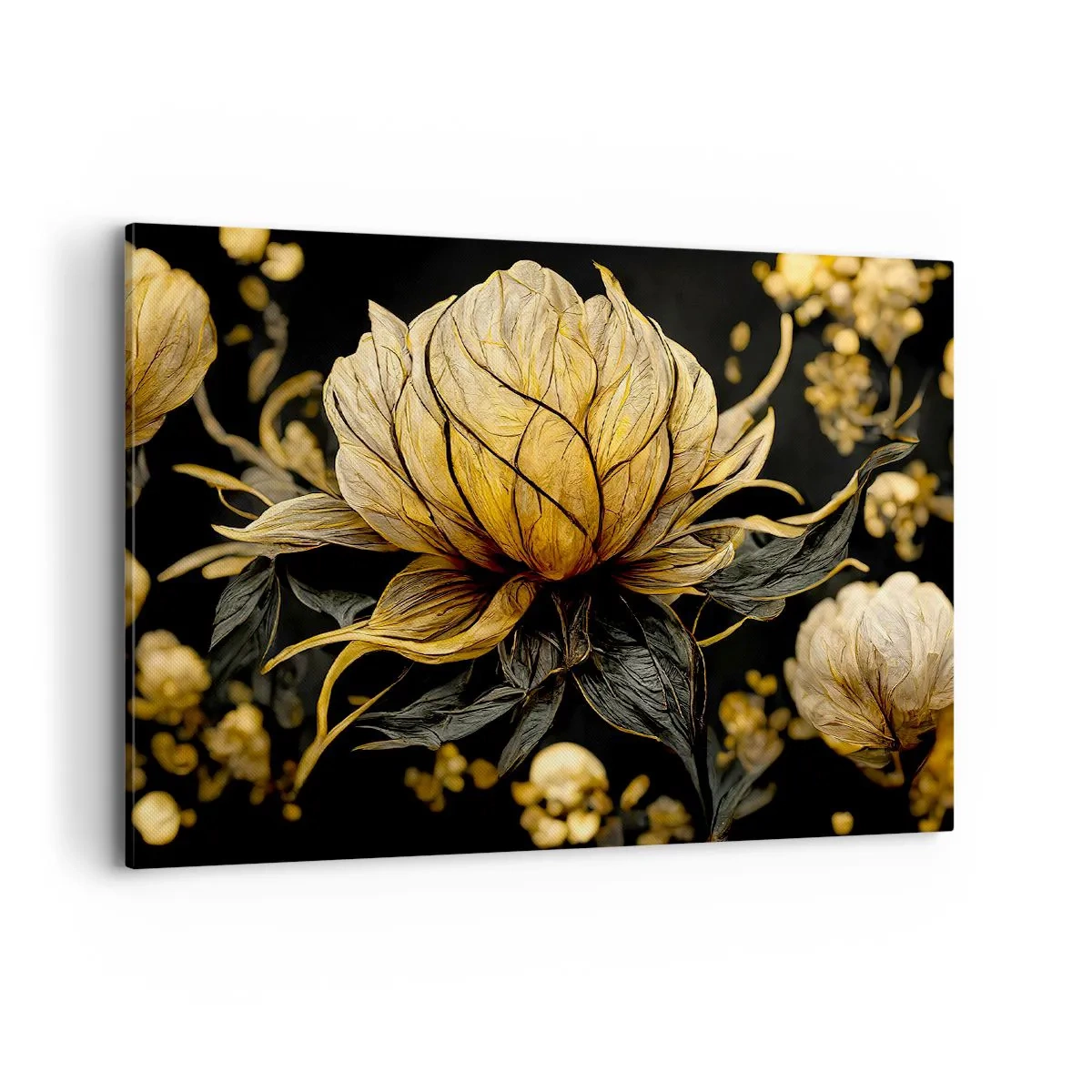 Cuadro sobre lienzo - Impresión de Imagen - Flor dorada sobre fondo oscuro - 100x70cm - Sutil fragilidad - Decoración de pared moderna para salón y dormitorio ARTTOR