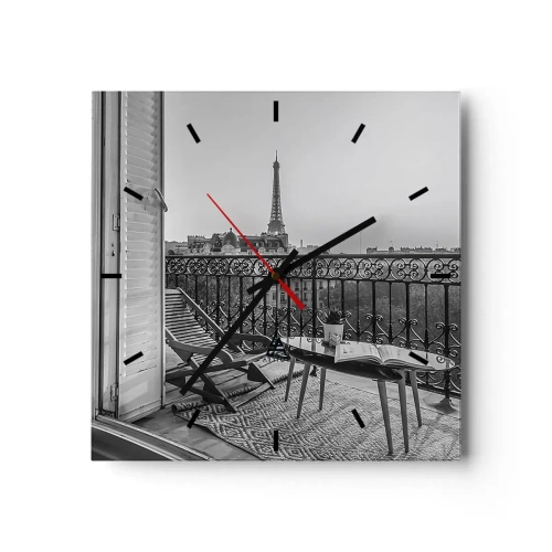 Reloj de pared - Reloj de vidrio - Vista de la Torre Eiffel desde el balcón con tumbonas y una mesa. - 30x30cm - Una tarde parisina - Decoración de pared moderna para salón y dormitorio ARTTOR