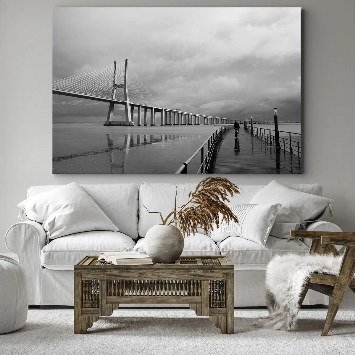 Cuadro sobre lienzo - Impresión de Imagen - Un puente colgante sobre el agua en blanco y negro. - 120x80cm - A cada uno lo suyo - Decoración de pared moderna para salón y dormitorio ARTTOR