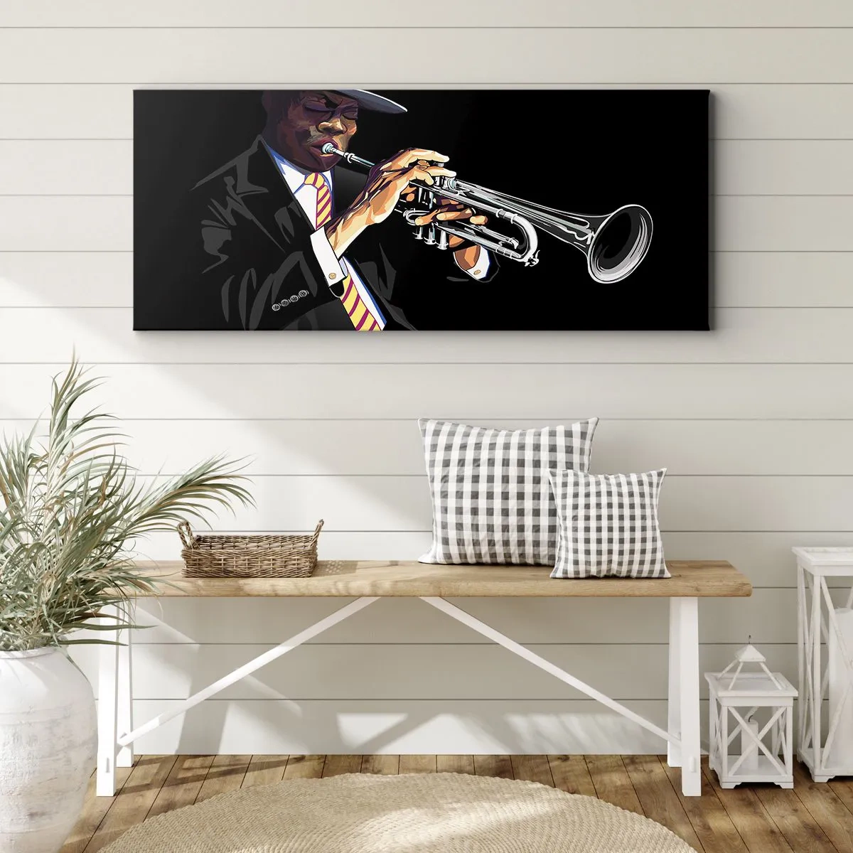 Cuadro sobre lienzo - Impresión de Imagen - Un músico tocando la trompeta sobre un fondo negro. - 140x50cm - El encanto de la vieja escuela - Decoración de pared moderna para salón y dormitorio ARTTOR