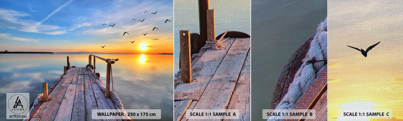 Muestra de fotomural Premium Canvas - Caminando hacia el sol - Paisaje, Lago, Puente de madera - 100x30 cm