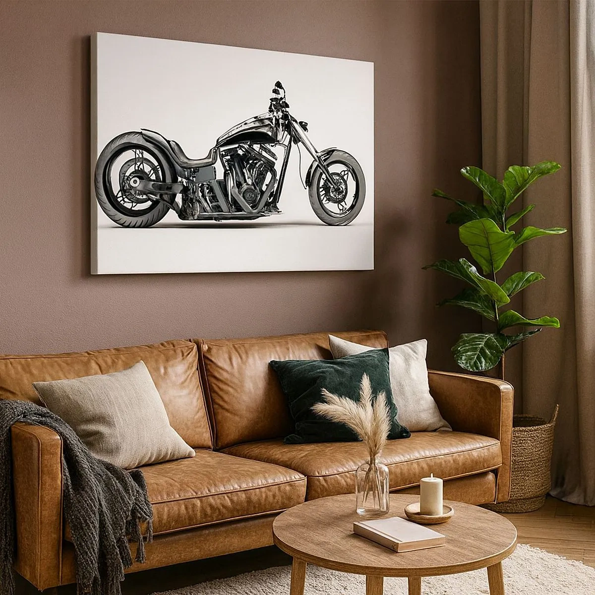 Cuadro sobre lienzo - Impresión de Imagen - Elegante motocicleta personalizada negra sobre un fondo blanco. - 70x50cm - Para los que aman la libertad - Decoración de pared moderna para salón y dormitorio ARTTOR