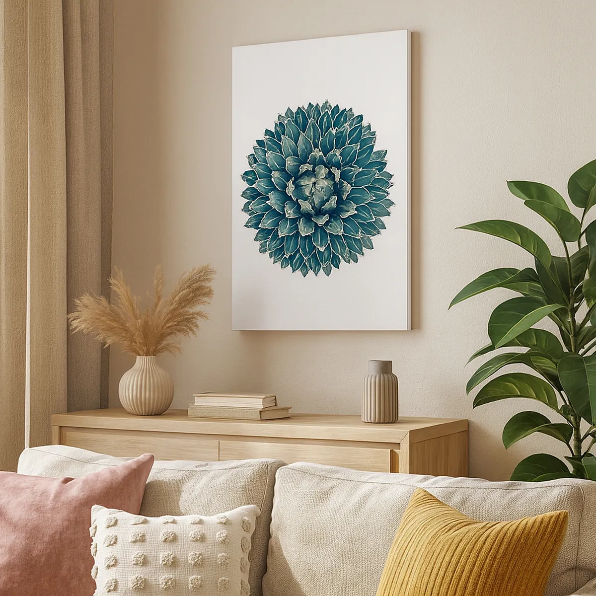 Cuadro sobre lienzo - Impresión de Imagen - Planta suculenta simétrica sobre un fondo blanco. - 50x70cm - Estrella del desierto - Decoración de pared moderna para salón y dormitorio ARTTOR