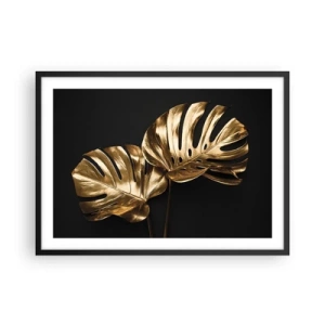 Póster en marco negro - Hojas de monstera doradas sobre fondo negro - 70x50cm - Tesoros de la naturaleza - Decoración de pared moderna para salón y dormitorio ARTTOR