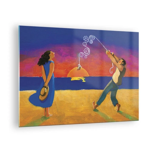 Cuadro sobre vidrio - Impresiones sobre Vidrio - Resumen colorido de una pareja en la playa al atardecer - 70x50cm - Mucho más que una estrella del cielo - Decoración de pared moderna para salón y dormitorio ARTTOR