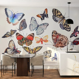 Fotomural Premium Sand - Enjambre de colores - Para niños, Mariposas coloridas, Gráficos - 300x210 cm