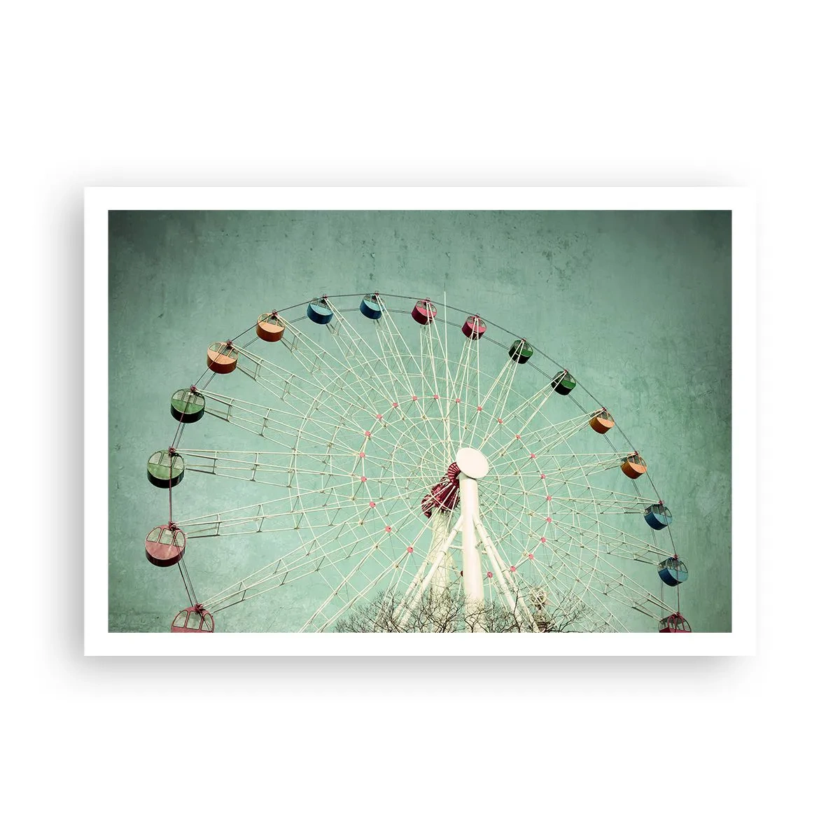 Póster - Una noria colorida contra un cielo azul en estilo retro. - 100x70cm - Te invitamos a jugar - Decoración de pared moderna para salón y dormitorio ARTTOR