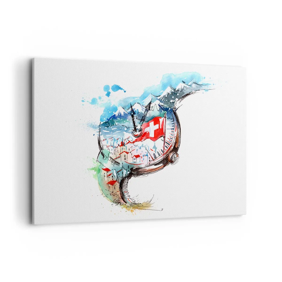 Cuadro sobre lienzo - Impresión de Imagen - Un paisaje de acuarela de Suiza con un diseño de relojería. - 100x70cm - El espíritu de Suiza - Decoración de pared moderna para salón y dormitorio ARTTOR