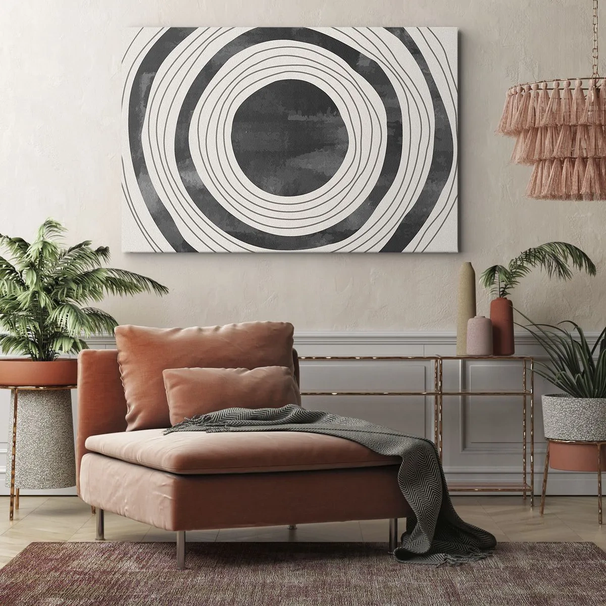 Cuadro sobre lienzo - Impresión de Imagen - Círculos concéntricos en blanco y negro sobre un fondo claro - 70x50cm - En el centro mismo - Decoración de pared moderna para salón y dormitorio ARTTOR