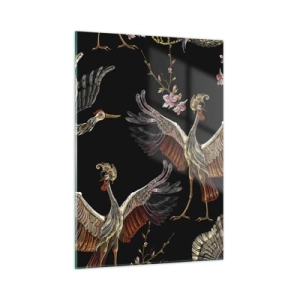 Cuadro sobre vidrio - Impresiones sobre Vidrio - Pájaros en vuelo con flores sobre fondo negro, estilo retro. - 50x70cm - Aves de cuento de hadas - Decoración de pared moderna para salón y dormitorio ARTTOR