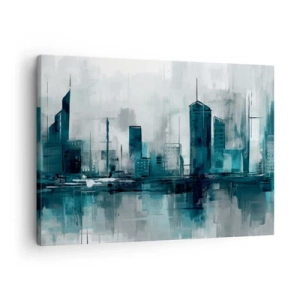Cuadro sobre lienzo - Impresión de Imagen - Una ciudad moderna en tonos turquesa y gris. - 70x50cm - Ciudad color lluvia - Decoración de pared moderna para salón y dormitorio ARTTOR