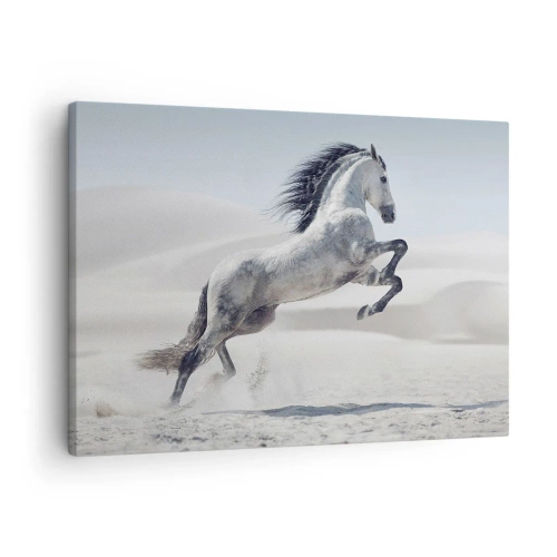 Cuadro sobre lienzo - Impresión de Imagen - Un caballo blanco galopando con las dunas del desierto como telón de fondo. - 70x50cm - Un príncipe árabe - Decoración de pared moderna para salón y dormitorio ARTTOR