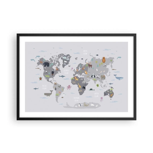 Póster en marco negro - Un mapa del mundo con ilustraciones de animales sobre un fondo gris. - 70x50cm - Dime de dónde eres... - Decoración de pared moderna para salón y dormitorio ARTTOR