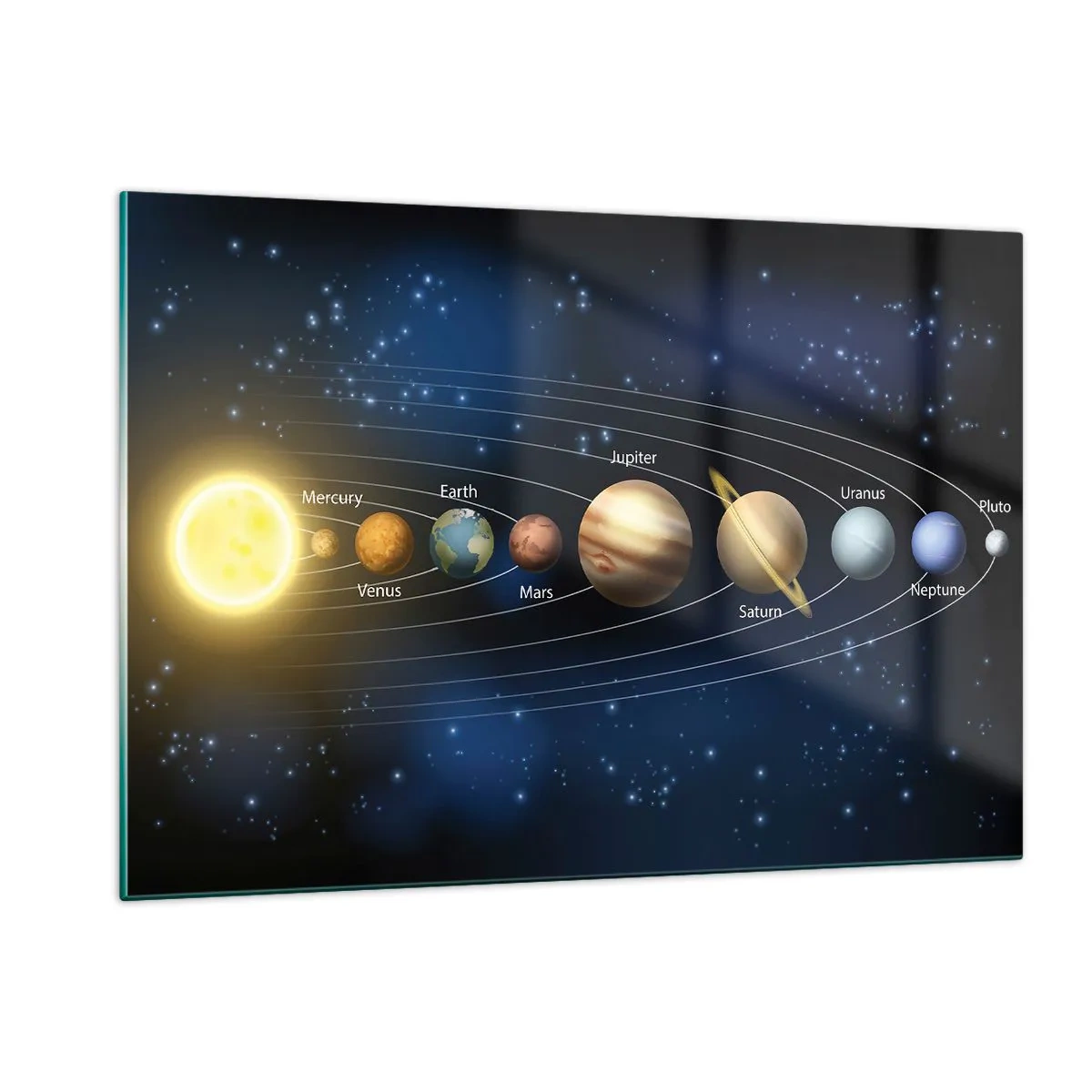 Cuadro sobre vidrio - Impresiones sobre Vidrio - El sistema solar con planetas y estrellas al fondo. - 120x80cm - Uno de diez - Decoración de pared moderna para salón y dormitorio ARTTOR