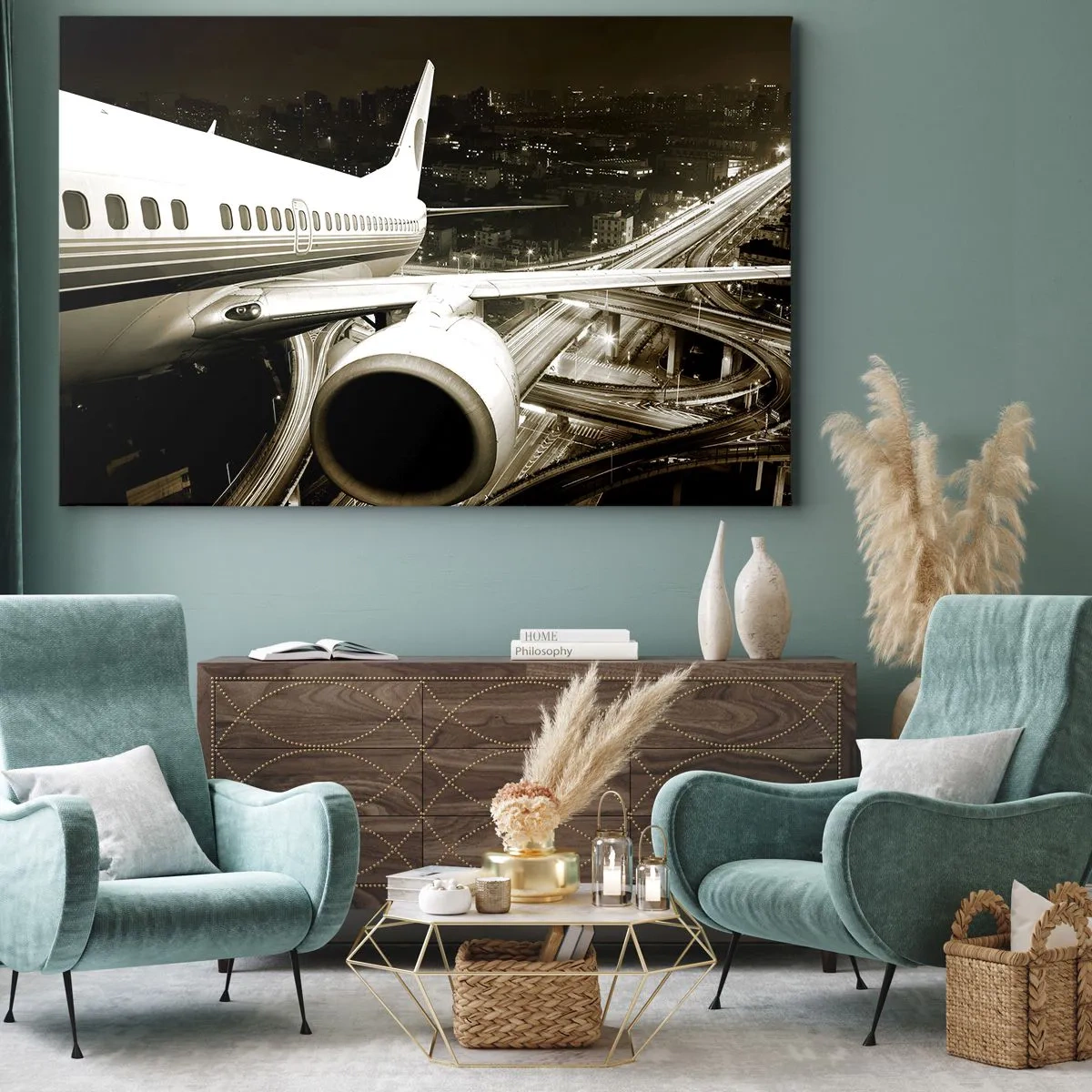 Cuadro sobre lienzo - Impresión de Imagen - Un avión sobre una ciudad nocturna con carreteras iluminadas. - 100x70cm - Vuela hacia la noche - Decoración de pared moderna para salón y dormitorio ARTTOR
