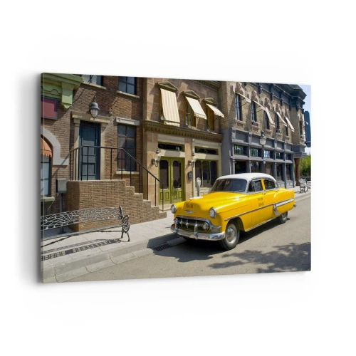 Cuadro sobre lienzo - Impresión de Imagen - Un taxi amarillo en una calle bordeada de casas de vecindad. - 120x80cm - Érase una vez en América - Decoración de pared moderna para salón y dormitorio ARTTOR