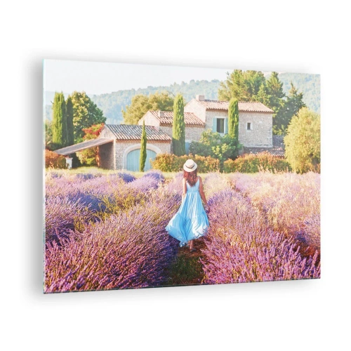 Cuadro sobre vidrio - Impresiones sobre Vidrio - Una mujer con un vestido caminando por un campo de lavanda. - 70x50cm - La chica de la lavanda - Decoración de pared moderna para salón y dormitorio ARTTOR
