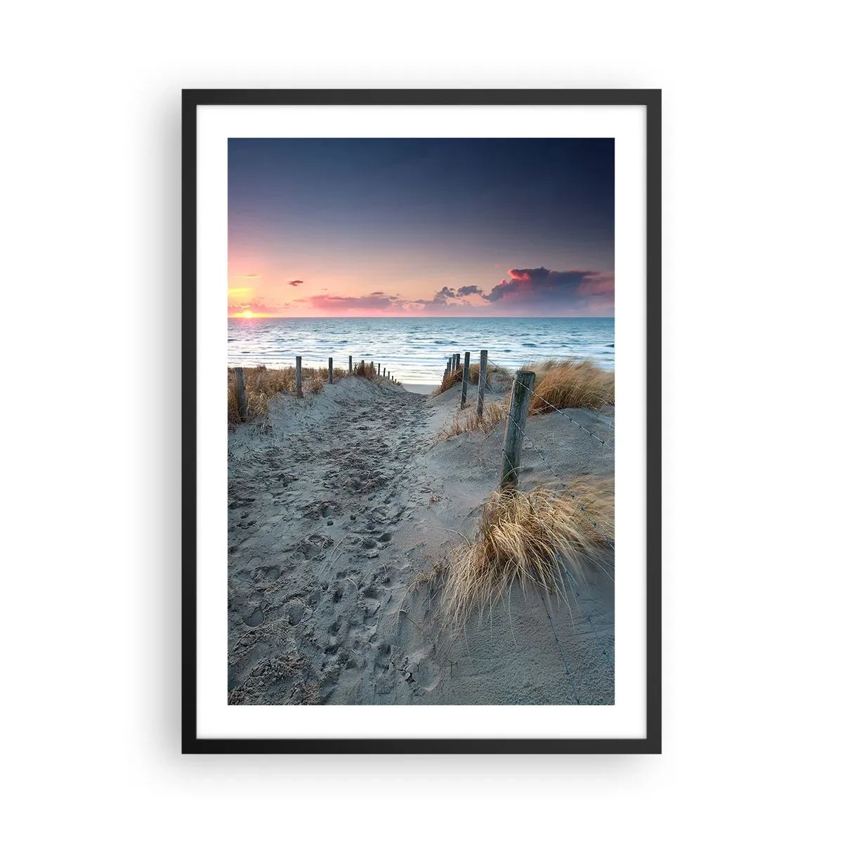Póster en marco negro - Sendero de playa al atardecer con vista al mar - 50x70cm - Se derramó un arco iris de luminosidad.... - Decoración de pared moderna para salón y dormitorio ARTTOR
