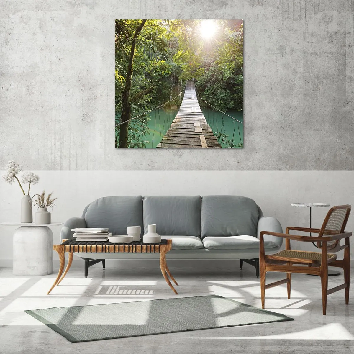 Cuadro sobre vidrio - Impresiones sobre Vidrio - Sobre el agua azul hacia el bosque - 50x50 cm