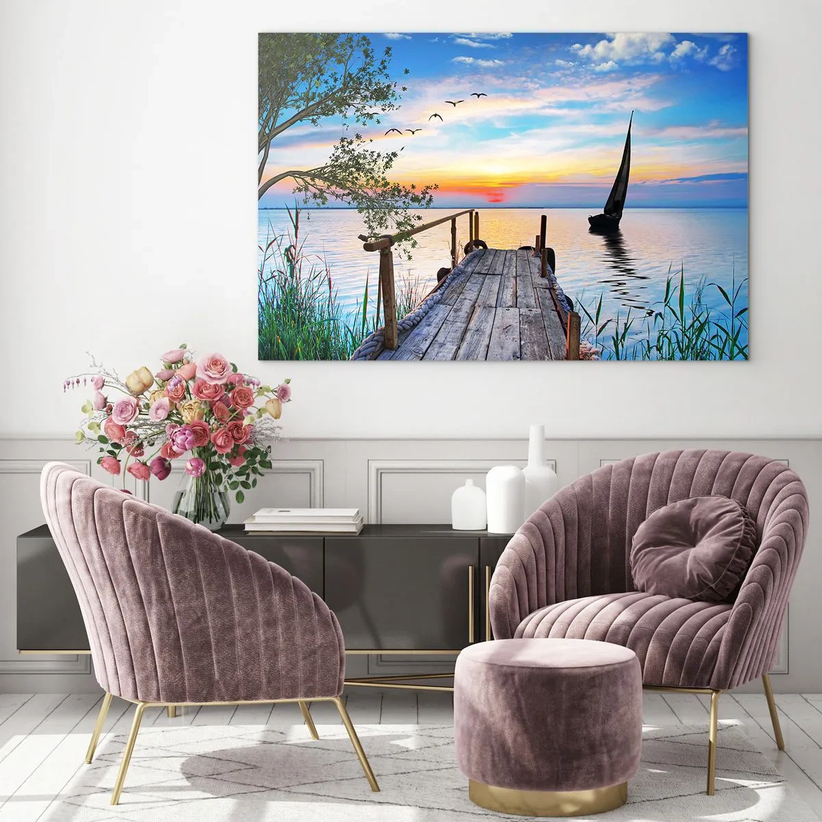 Cuadro sobre vidrio - Impresiones sobre Vidrio - Un embarcadero junto al lago al atardecer con un velero al fondo - 70x50cm - Que llegue la noche - Decoración de pared moderna para salón y dormitorio ARTTOR