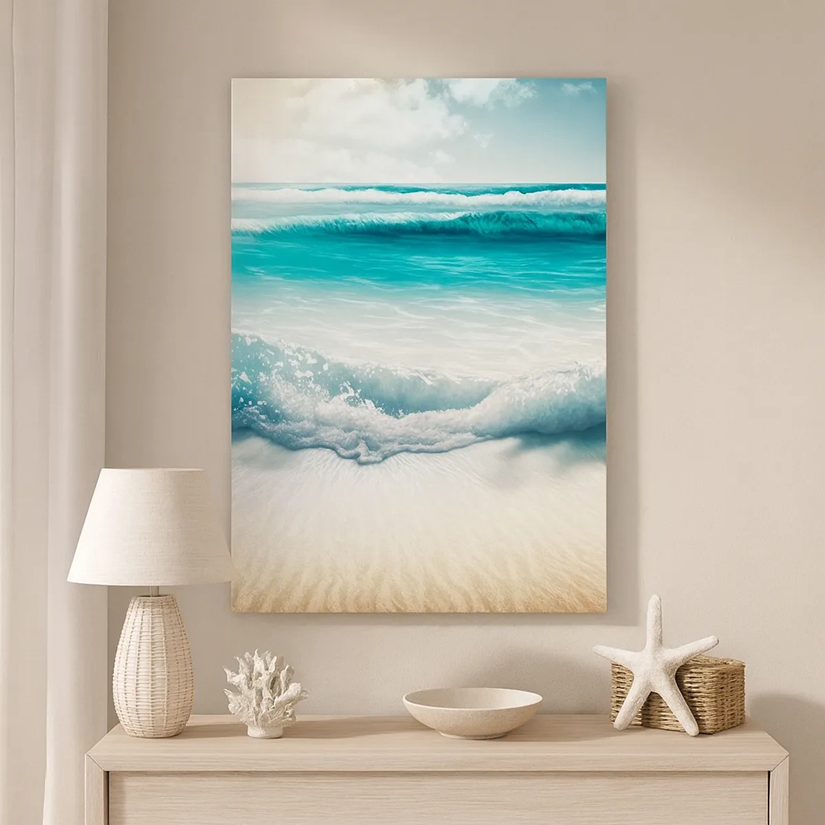 Cuadro sobre lienzo - Impresión de Imagen - Olas del océano en una playa de arena clara - 50x70cm - Calma oceánica - Decoración de pared moderna para salón y dormitorio ARTTOR