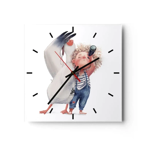 Reloj de pared - Reloj de vidrio - Ilustración de un niño con un pelícano y un telescopio en la mano. - 30x30cm - Un plan para un gran viaje - Decoración de pared moderna para salón y dormitorio ARTTOR