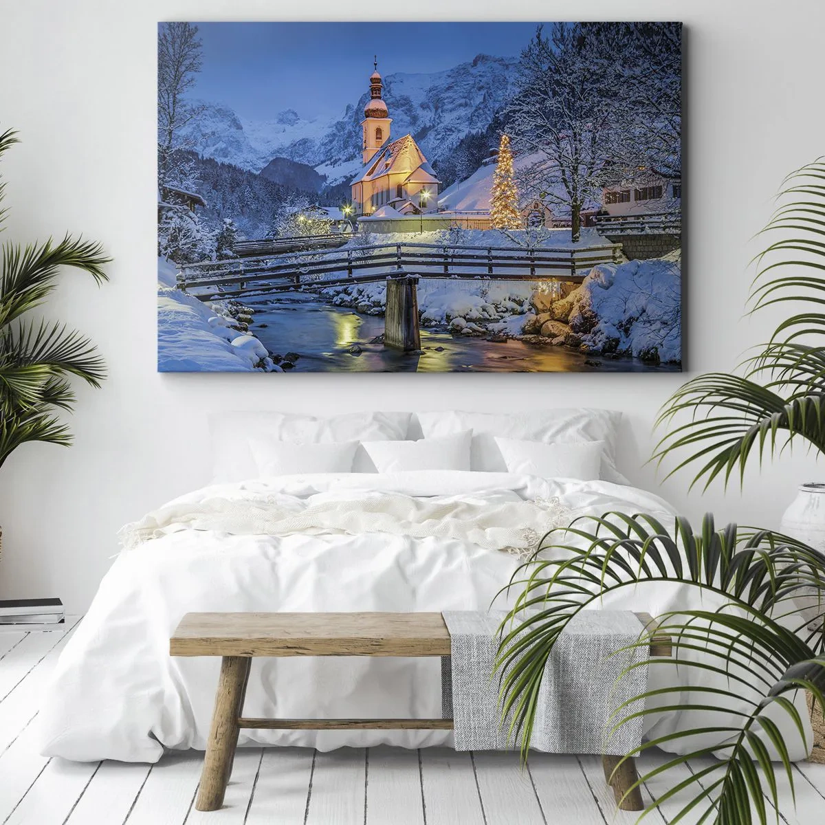Cuadro sobre lienzo - Impresión de Imagen - Paisaje invernal con una iglesia, un puente y montañas al atardecer - 70x50cm - El espíritu de la Navidad - Decoración de pared moderna para salón y dormitorio ARTTOR