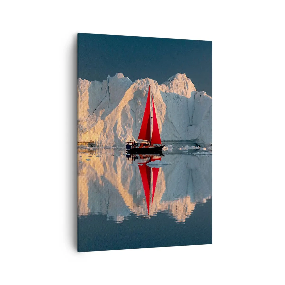 Cuadro sobre lienzo - Impresión de Imagen - Un velero con una vela roja con el fondo de un glaciar. - 70x100cm - En el límite del mundo - Decoración de pared moderna para salón y dormitorio ARTTOR