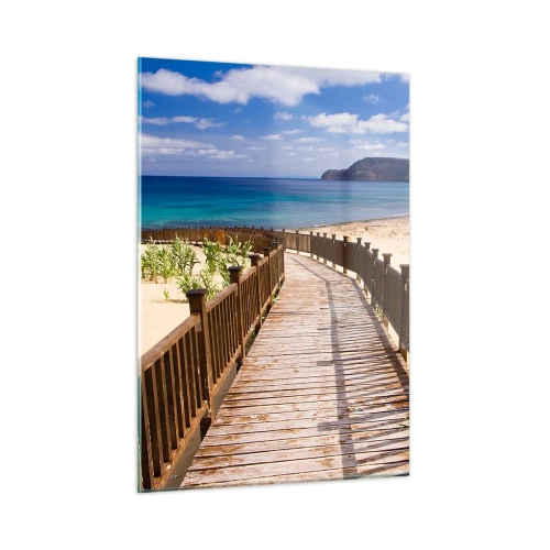 Cuadro sobre vidrio - Impresiones sobre Vidrio - Camino de madera en la playa que conduce al mar. - 50x70cm - Llévame a la isla de la felicidad - Decoración de pared moderna para salón y dormitorio ARTTOR