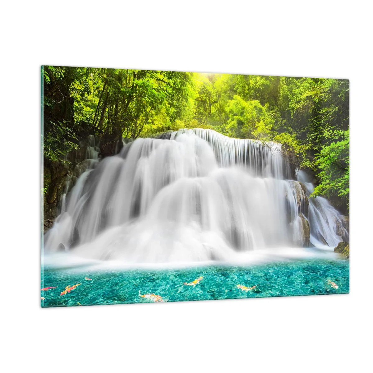 Cuadro sobre vidrio - Impresiones sobre Vidrio - Una cascada rodeada de vegetación con agua cristalina. - 120x80cm - Cascada espumosa, de verde a azul - Decoración de pared moderna para salón y dormitorio ARTTOR